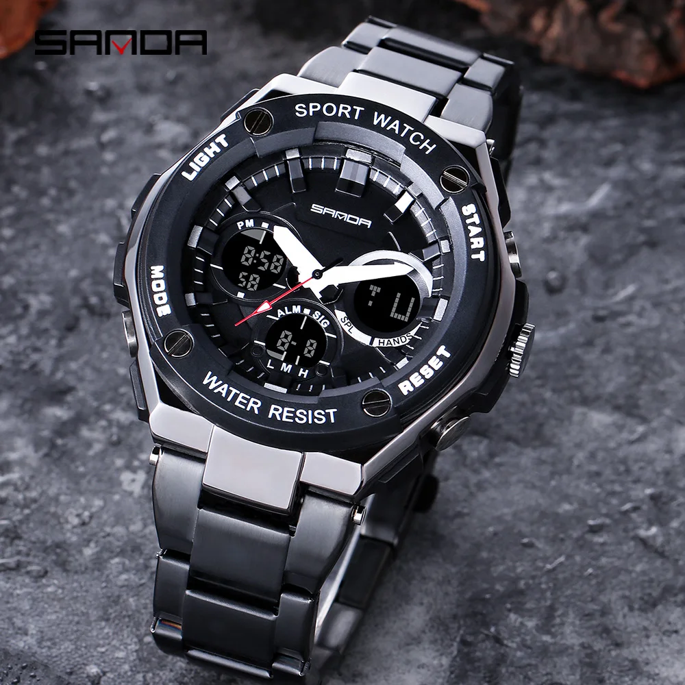 SANDA новые мужские спортивные часы Кварцевые светодиодные цифровые с двойным
