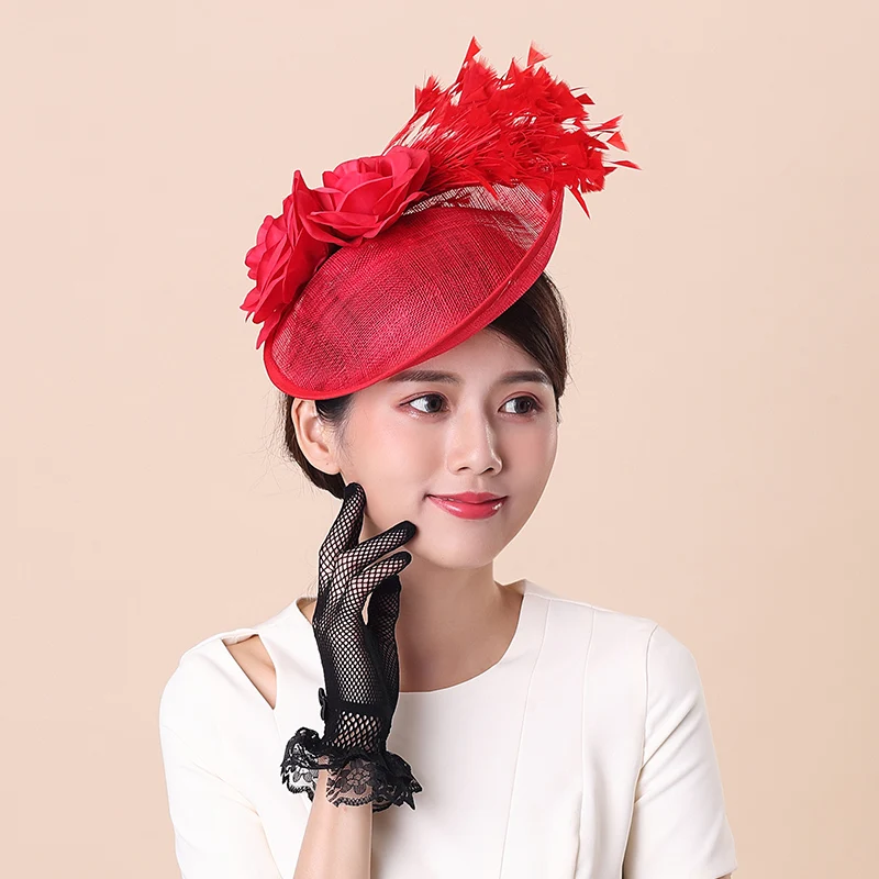 Модная британская королевская шляпка Fedoras Кепка с перьями Sinamay женская свадебная