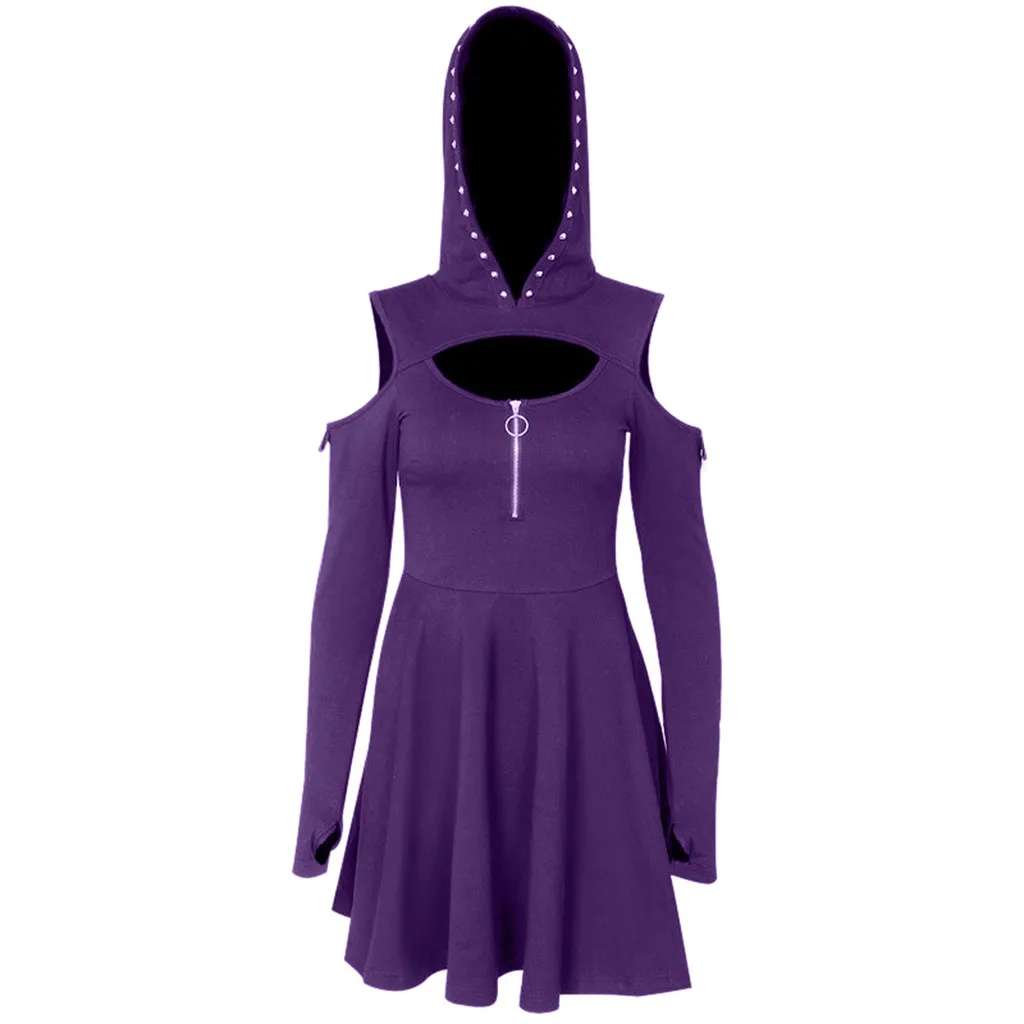 Женское готическое мини платье с капюшоном однотонное глубоким вырезом и