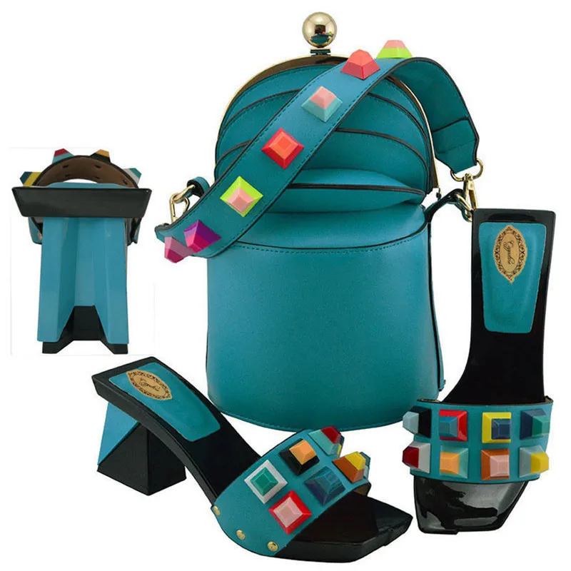 Lake Blue Latest Fashion PU Leather Shoes And Bags To Match Set Nigerian Woman Shoes With Bag Set Bag Set For Wedding On Stock MD011 - Цвет: Lake Blue