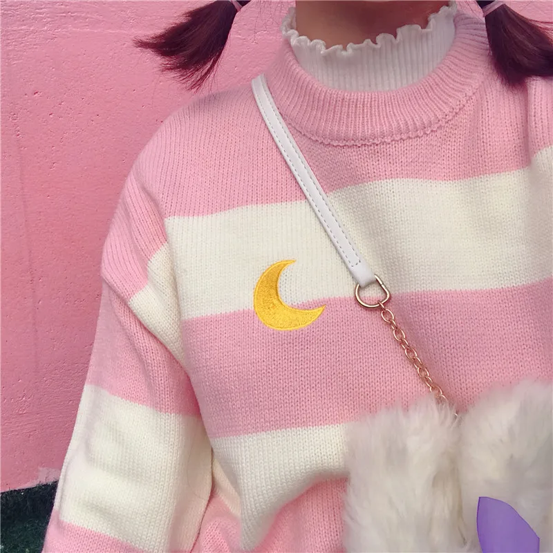 Harajuku модные женские туфли свитер сладкий Карамельный цвет полосатый вязаный свитер Симпатичные Луна вышивка хлопок Для женщин пуловер свитер