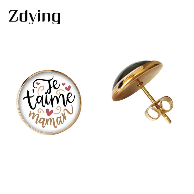 ZDYING Je Tɺime Papa et Maman серьги-гвоздики стеклянные кабошоны французские серьги с