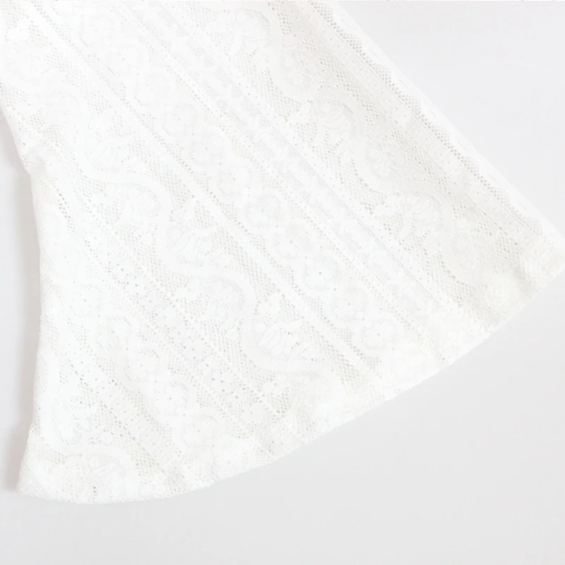 

Women Lace Blouse Shirt Elegant Flare Sleeve Long Sleeve Sexy Transparent Shits Casual Stand Chiffon White Tops