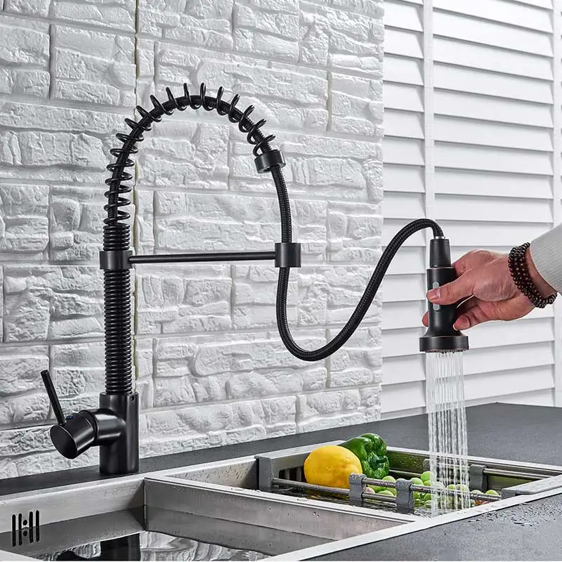 Black Bronze Черный бронзовый кухонный кран с одной ручкой, выдвижной смеситель для кухонной мойки, кран с настенным креплением, распылительная головка, кран для горячей и холодной воды - Цвет: Black Bronze