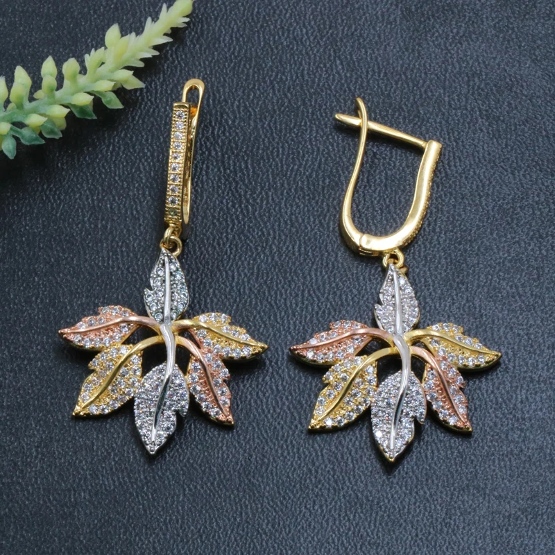 Lanyika Fashion Jewelry Luxury Vivid Leaf Earrings Stud Micro Pave Zircon For Girl Engagement Party Popular Best Gift | Украшения и
