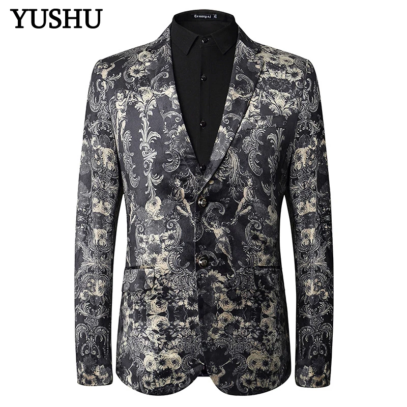 

YUSHU 2019 New Arrival Fashion Blazer Mens Floral Digital Print Lapel Suit Jackets Slim Fit Two Button Stylish Mens Blazer