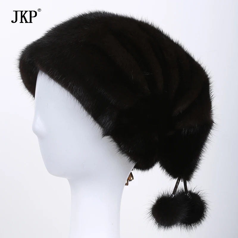 Зимняя популярная модель простая цельная норковая шапка из меха норки вязаная