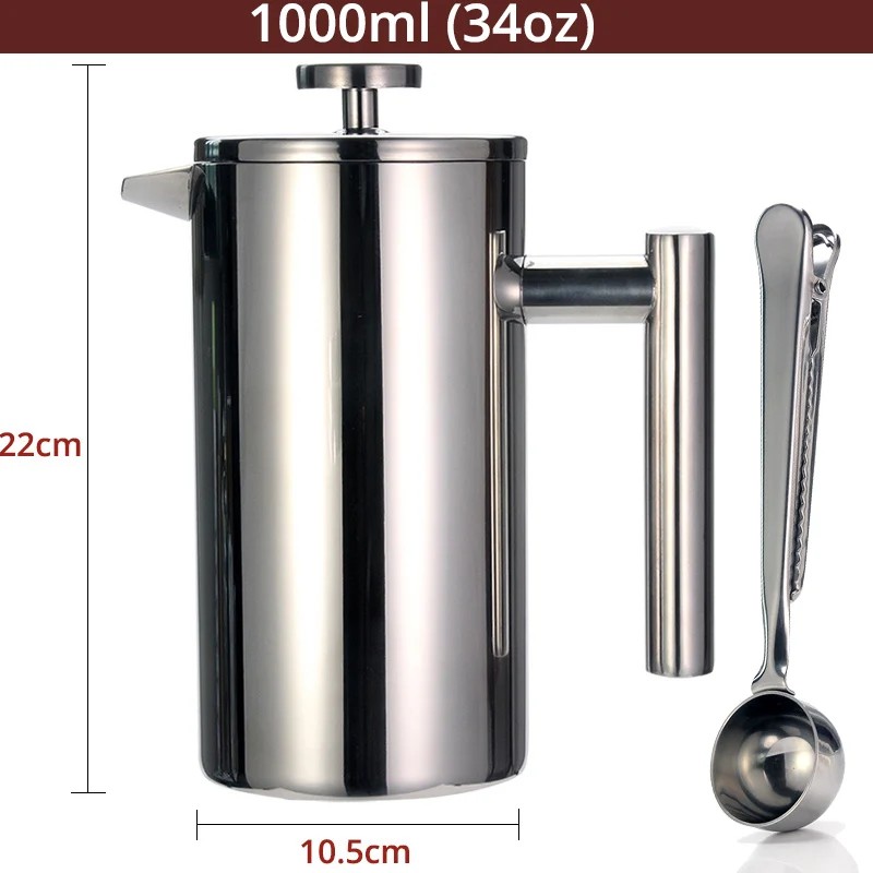 1000ml with Spoon Френч-пресс для приготовления кофе+ кофейная ложка, двухстенный кофейник из нержавеющей стали 304 с фильтром, 2 шт. в одном наборе - Цвет: 1000ml with Spoon