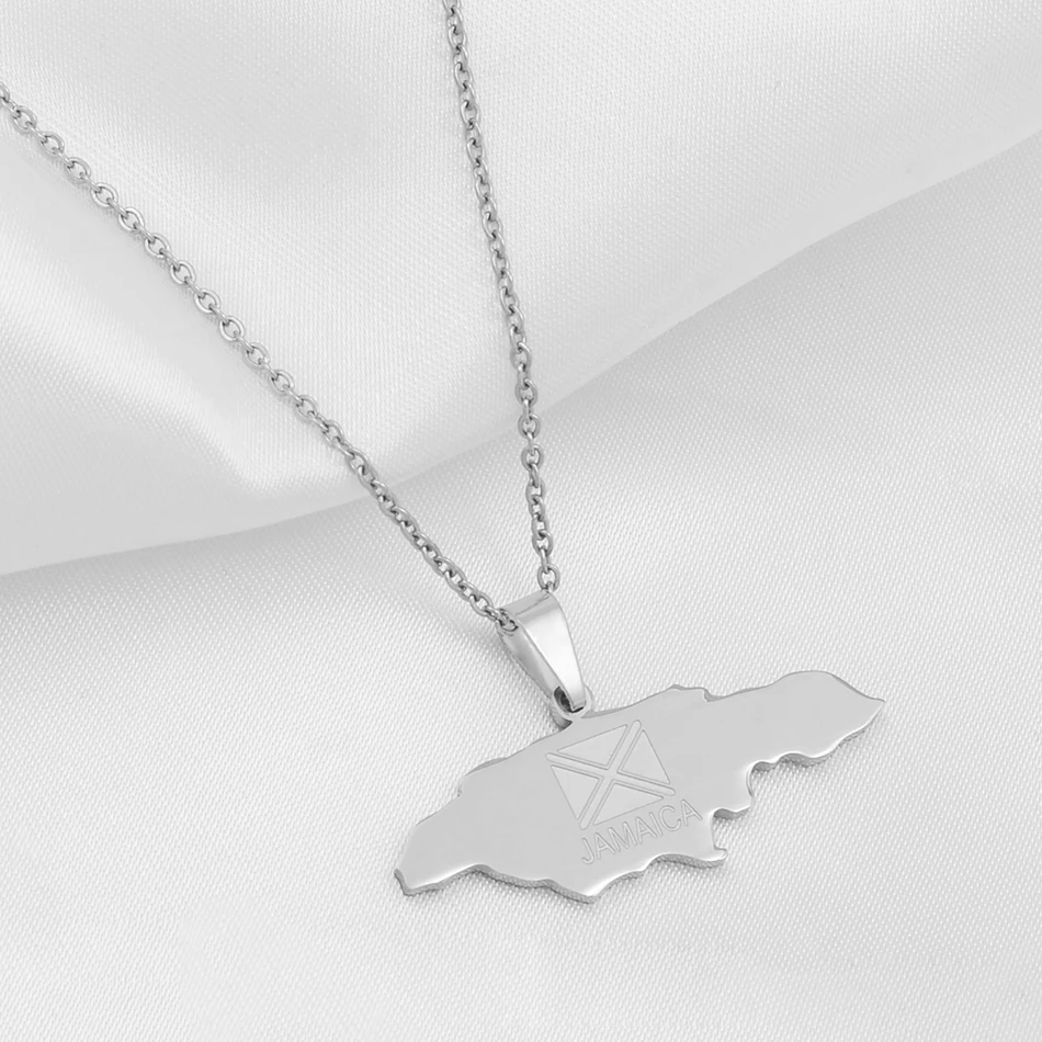 Anniyo Silver Jamaica Map Stainless Steel Pendant and hin Chain Necklaces Jewelry Jamaican Country Gifts #019421P | Украшения и