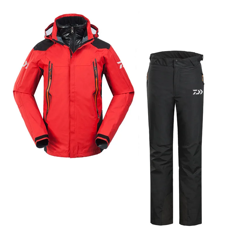 Red Clo Black Pant DAIWA Men Waterproof Outdoor Sports Winter Removable Liner Fishing Clothes Pants Coat Warm Jacket Mountaineering Clothes Set - Цвет: Red Clo Black Pant