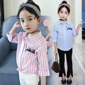 Весенне-осенняя блузка для девочек, 2018 детская хлопковая рубашка в розовую и голубую полоску, топы и блузки для девочек-подростков, детская одежда