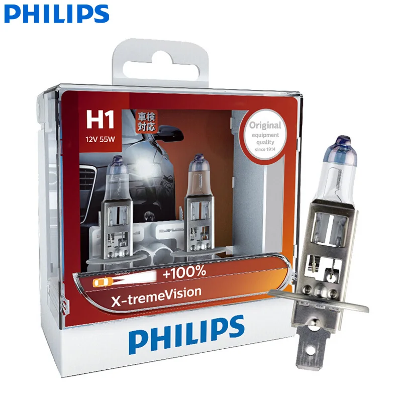 H1 Светодиодная лампа Philips X-treme Vision H1 H4 H7 H11 9003 9005 9006 HB2 HB3 HB4 XV 12V+ более яркий светильник автомобильные галогенные лампы головного светильник(двойная - Испускаемый цвет: H1