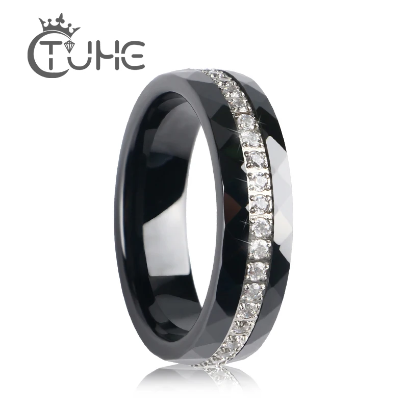 

Good Quality 6mm Ceramic Rings One Row Rhinestone Section Black Crystal Never Fall Women Rings Wedding Rings Jewelry