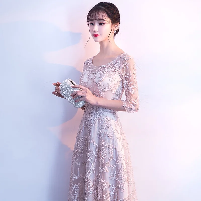 New Evening Dresses Long Formal Elegant A-Line Plus Size Half Sleeve Fashion Lace Wedding Guest Dress Party Gown Vestidos ES1573