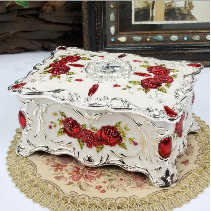 silver red Ретро Цветочная резная двухслойная металлическая коробка для украшений Органайзер подарочные картонные коробки для макияжа Органайзер металлическая коробка Z046 - Цвет: silver red