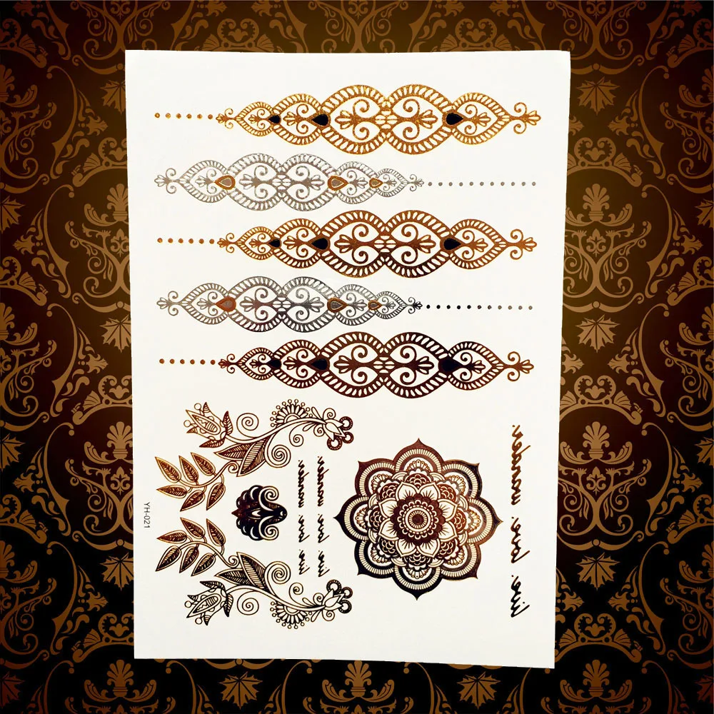 

1PC Gold Henna Bracelet Flash Metallic Temporary Tattoo Sticker HYH078 Women Lace Designs Non-Toxic Tattoo Self Adhesive Tattoos