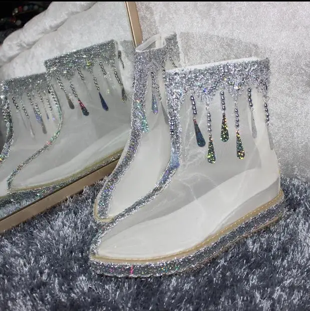 Плюс Размеры Кристалл кисточкой Botas Mujer Прозрачный Прозрачная сетка женские ботильоны Rhinestone обтягивающие сапоги на высокой платформе