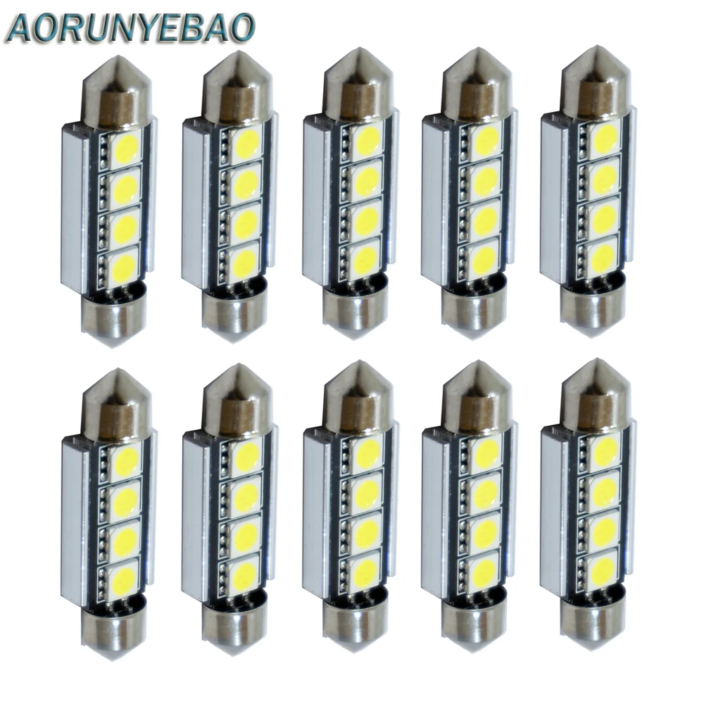 AORUNYEBAO 10 шт./лот гирлянда CANBUS 31 мм 41 мм 42 мм C5W ошибок 5050 4 светодиодный SMD Интерьер Белый купол светильник источник крыши лампа