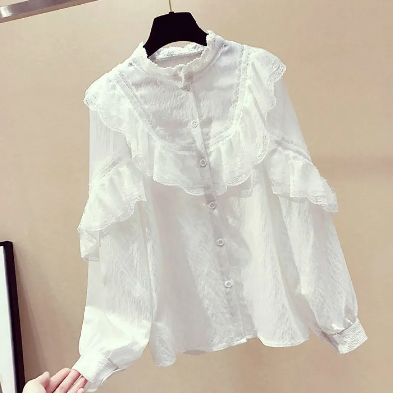 Рубашка шифоновая Blusas Mujer De Moda блузки новые весенние корейские женские топы с оборками белая женская одежда