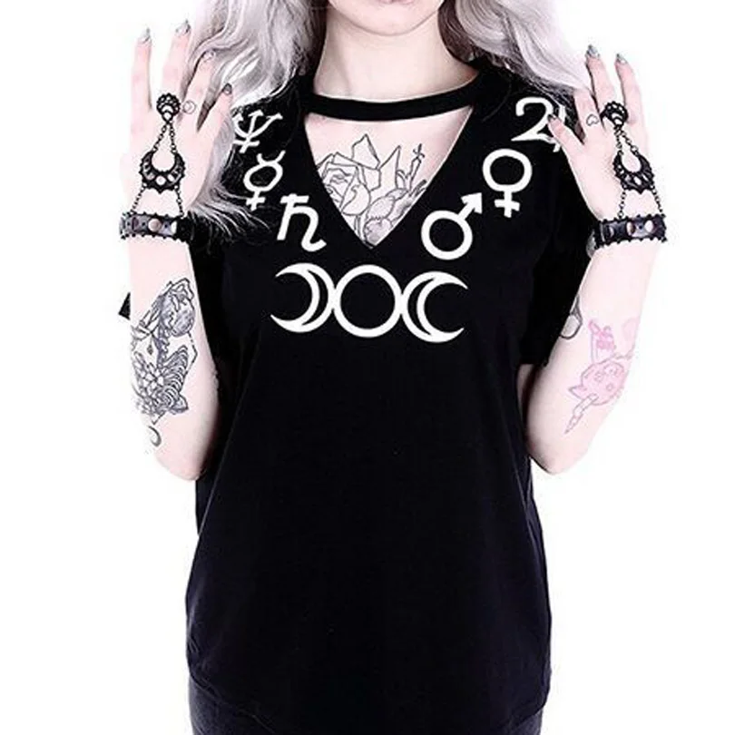 Женская футболка с коротким рукавом Готическая летняя символом Луны в стиле панк