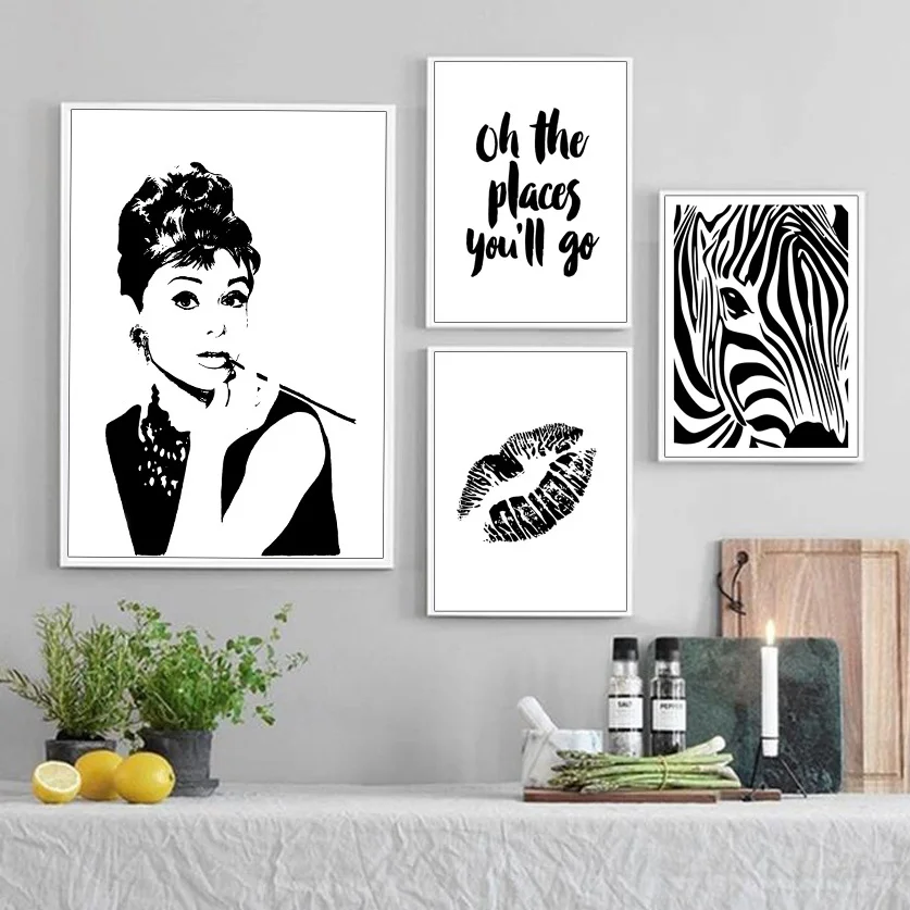 Черно белая Картина на холсте с изображением губ Хепберна зебры настенные