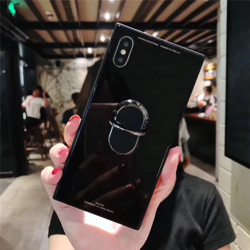 Квадратное закаленное стекло с пальца кольцо для Iphone XMAX XR XS антидетонационных сетка задняя крышка для IPhone 6 6 S 7 8 Fundas случаях - Цвет: Black