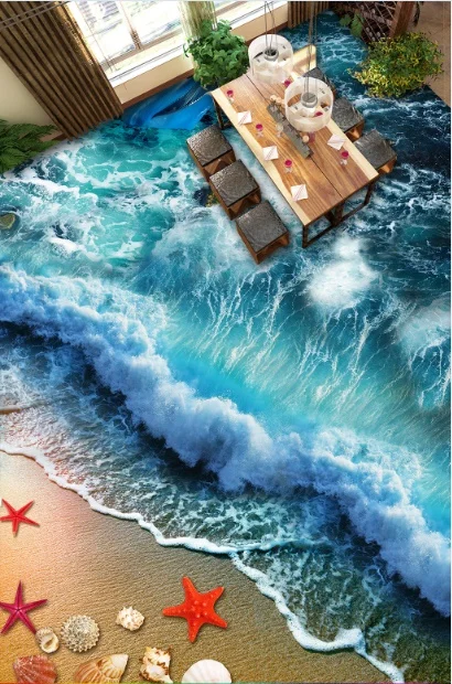 

[Самоклеющиеся] 3D яркий Серфинг Пляж 3 Нескользящие водонепроницаемые фото самоклеющиеся пол Настенная Наклейка Обои Настенная печать накл...