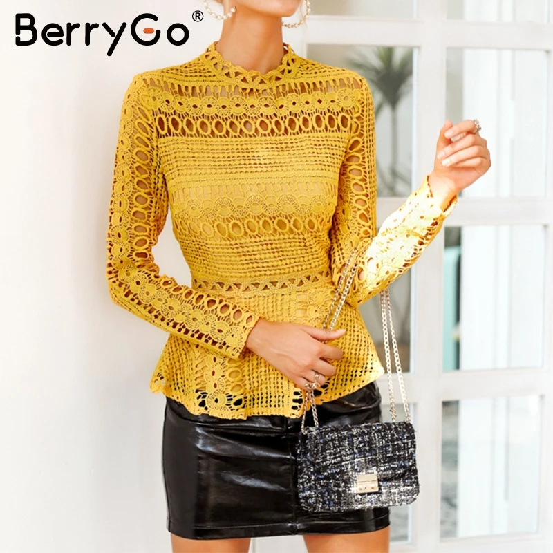 BerryGo, элегантная кружевная белая блузка с баской, рубашка,, с рюшами, с длинным рукавом, модная женская блузка, женская, Осень-зима, топ, для офиса, леди