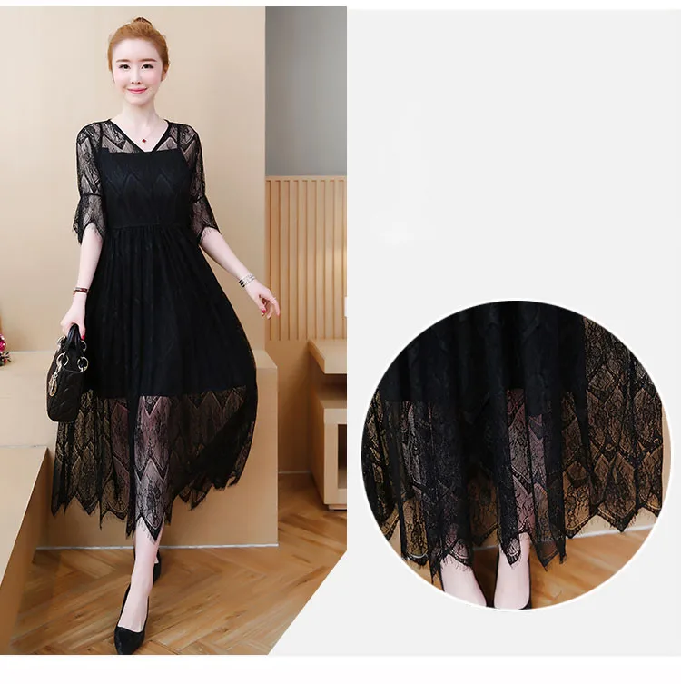 Moda mujer, летние платья размера плюс для женщин, 4xl, 5xl, 6xl, большие размеры, черное кружевное элегантное платье, уникальное женское винтажное платье