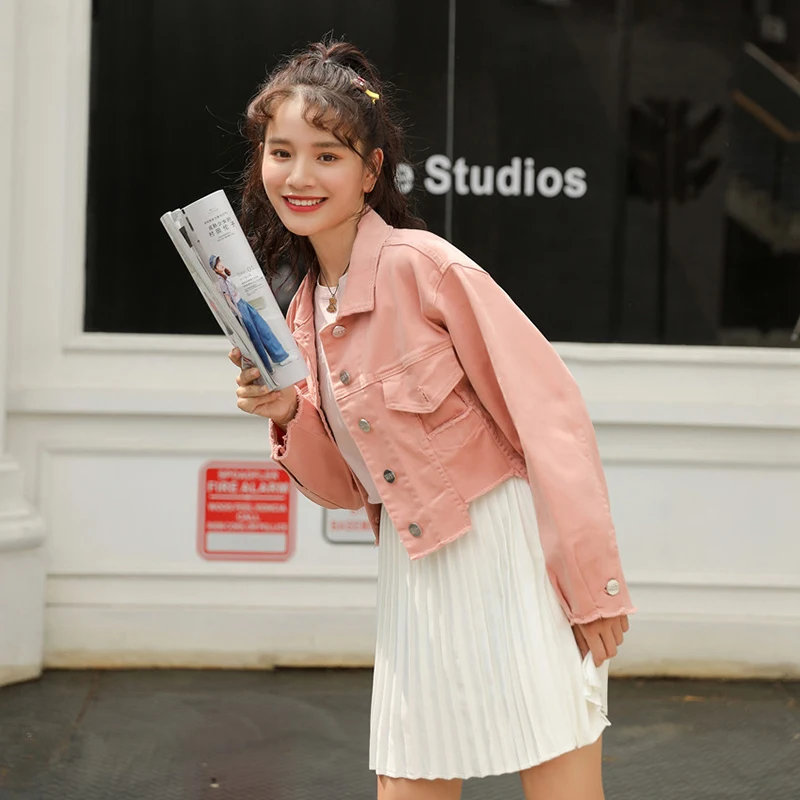 2019 женская розовая джинсовая куртка с асимметричным подолом Весенняя для женщин