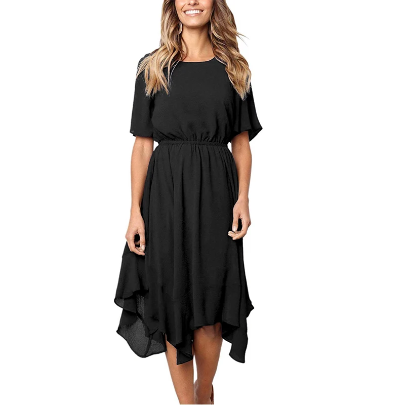 2019 модное весенне-летнее однотонное женское платье с круглым вырезом до середины