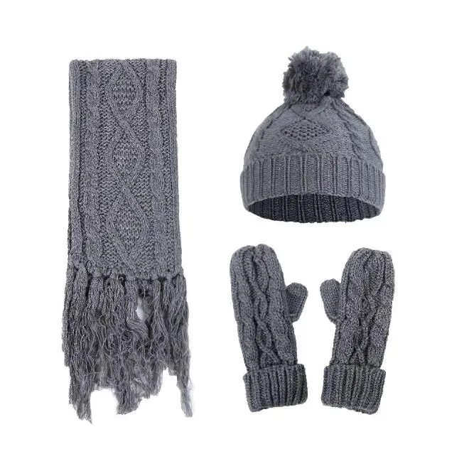 3 Light Grey Новинка, теплый комплект из 3 предметов, зимние шапки, шарф, перчатки для женщин и мужчин, толстый хлопок, бриллиантовый твист, набор для женщин и мужчин, шапка, шарф, перчатки - Цвет: 3 Light Grey