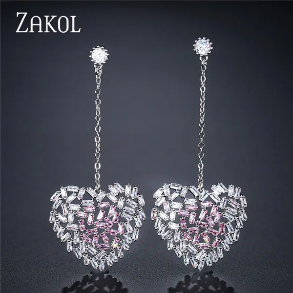 Pink ZAKOL модные серьги-капли с кристаллами в виде багета, циркония, CZ для женщин, модные роскошные длинные висячие серьги, ювелирные изделия FSEP2154 - Окраска металла: Pink