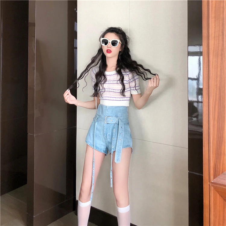 Женские джинсовые шорты с высокой талией синие повседневные поясом в Корейском