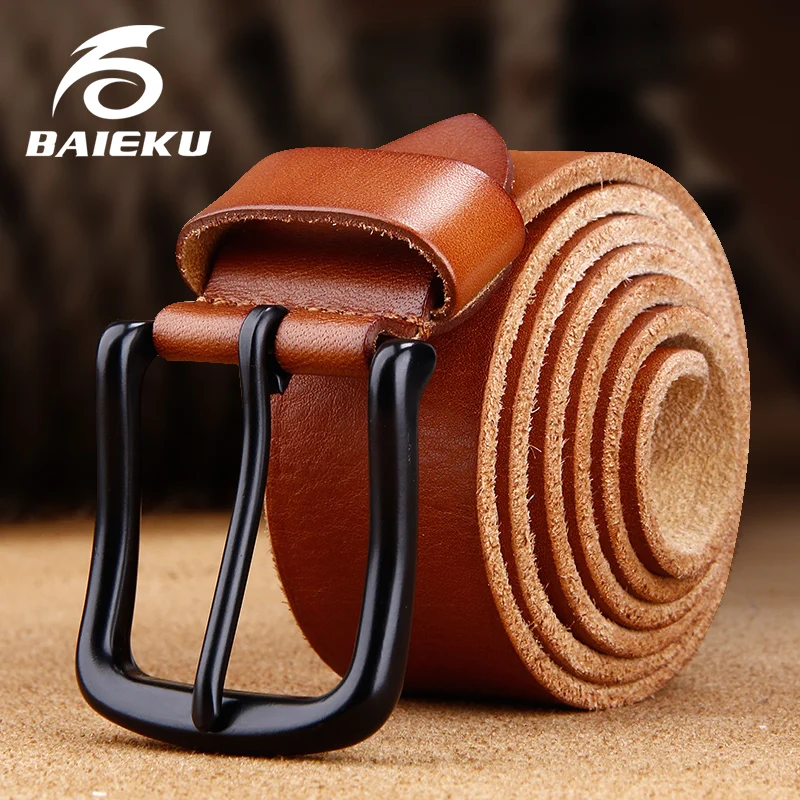 Мужской ремень из коровьей кожи BAIEKU черный натуральной в стиле ретро с пряжкой