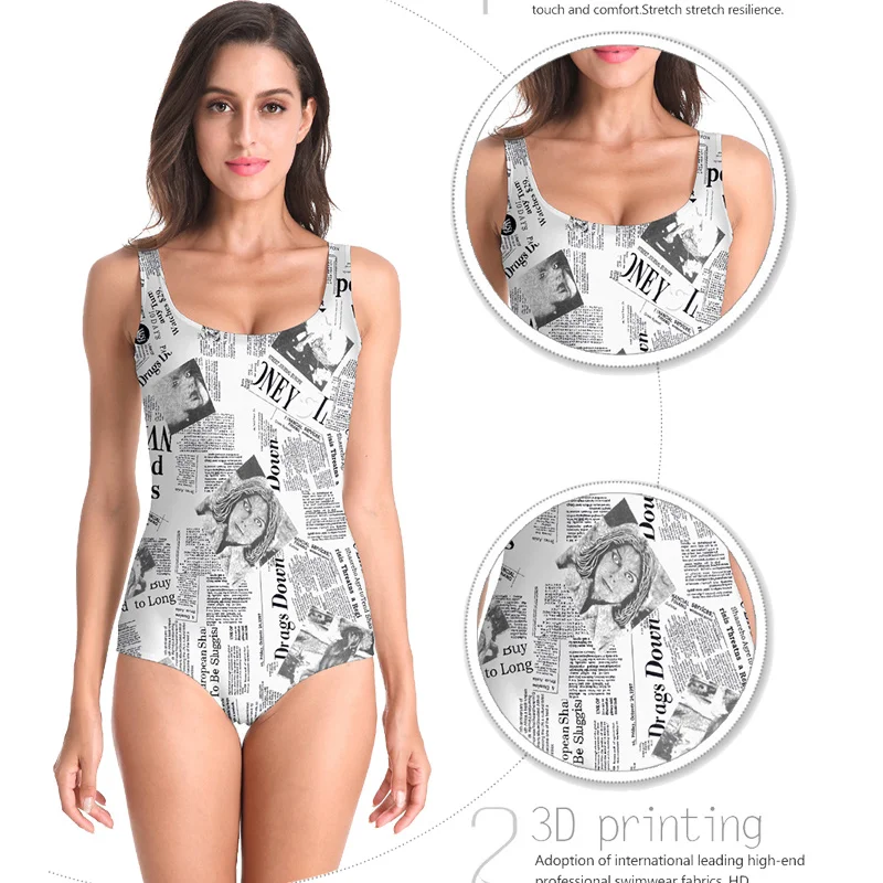 Женское бикини с принтом в виде газет Пляжное праздничное сексуальное цельное 3D