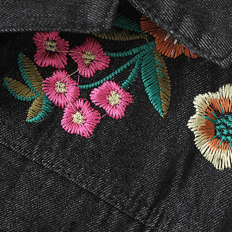 

Embroidery Black Denim Jackets Women Nice Spring And Autumn Turn-down Collar Long Sleeve Jackets Women Vintage Coats Female