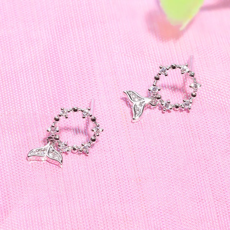 FENGLI Korean Fashion Silver Drop Earring Cute Whale Tail Crystal Earrings Women's Clothing Accessories boucle d'oreille bijoux |