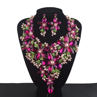 fushia Королевский синий комплект ювелирных изделий для женщин, стразы, Кристалл, большие вечерние, ожерелье, серьги, набор разноцветных свадебных ювелирных изделий для невесты - Окраска металла: fushia