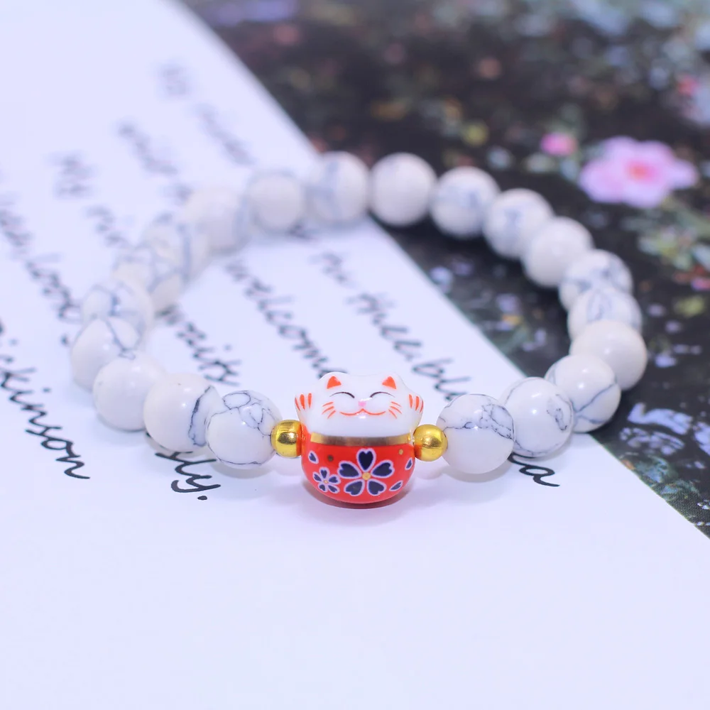 50 шт./лот Для женщин Lucky Cat Браслеты обсидиан эластичная веревка браслет из натурального камня бусины браслет керамическая фигура «Счастливая Кошечка» милый браслет - Окраска металла: 11