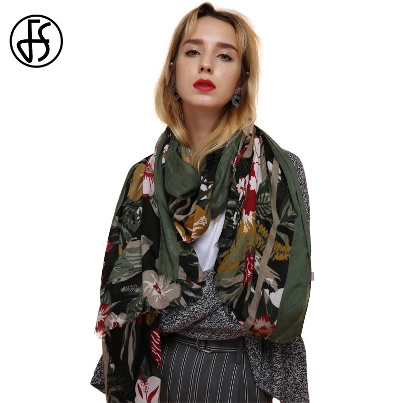 Женская длинная шаль FS зеленая Пашмина с цветочным принтом 2018|shawl pashmina|scarves stolesbig