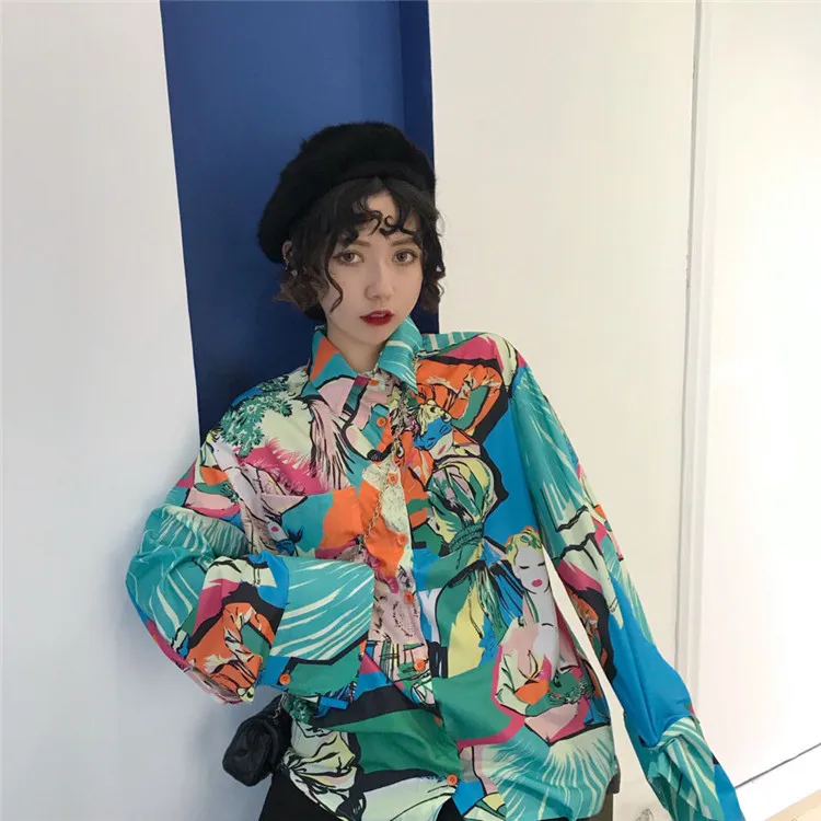 Korobov рубашки женские Новая мода мультяшный принт Harajuku женская рубашка с длинным рукавом Свободная Повседневная Mujer Blusas блузка 77273