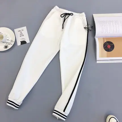 Ulzzang/повседневные штаны для колледжа, для девушек, для женщин, в полоску, спортивные штаны INS Harajuku Calcas, женские узкие брюки XXL Ulzzang, штаны для девочек - Цвет: Белый