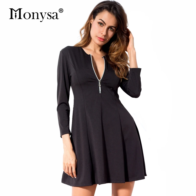 Женские Платья Новое Прибытие 2018 Мода Молнии Тонкая Талия С Длинным Рукавом Dress