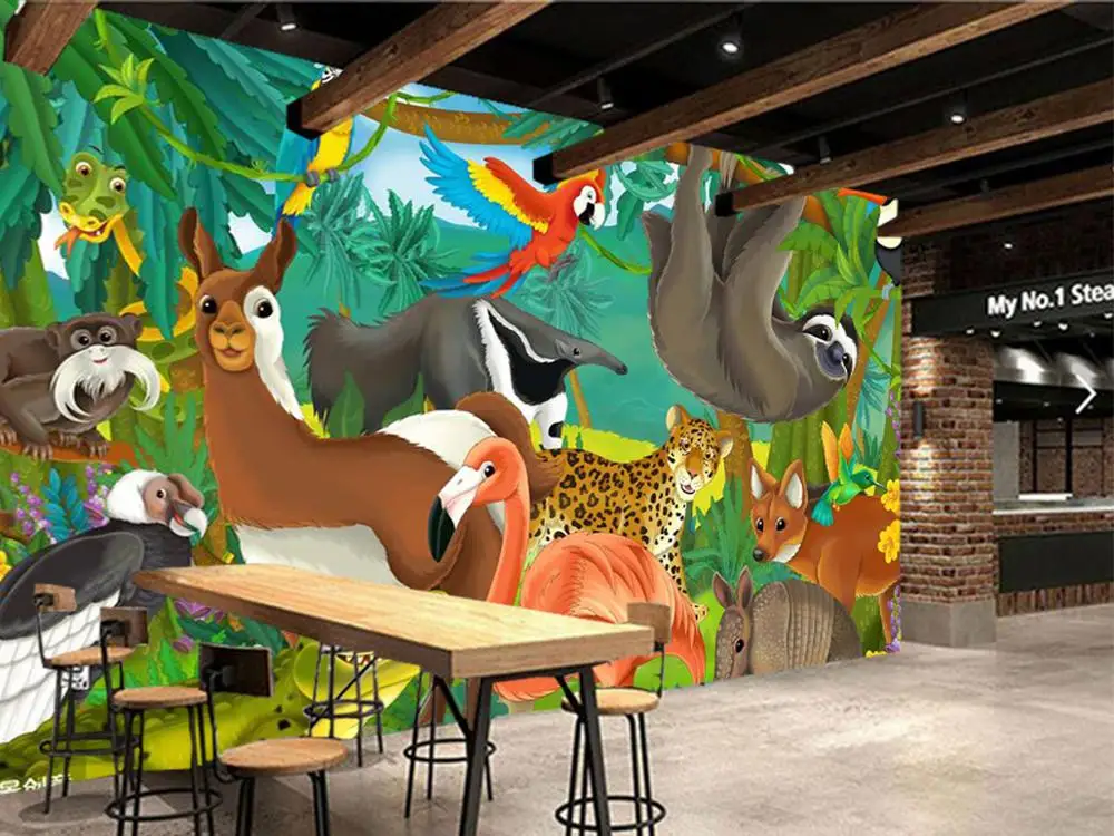 Декоративные обои на заказ Мультяшные животные в джунглях для детской комнаты