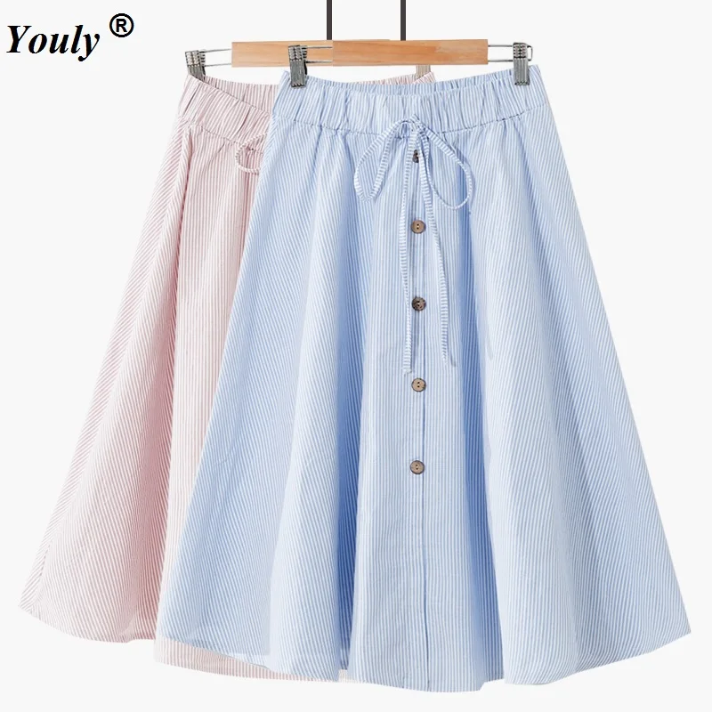 Striped A-Line Blue Skirt Vintage Single-Breasted Skirt 2022 Women Summer Cute Casual Elastic waist Knee-Length Striped Skirts