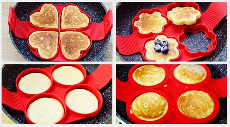 

TEENRA Red Non-stick Silicone Egg Mold Flippin' Fantastic Silicone Form For Pancake Ring Egg Maker Round Square Heart Star