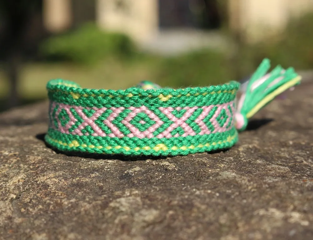 multicolored boho chic woven friendship bracelet cute life green pink yellow embroidery thread macrame cross prismatic | Украшения и