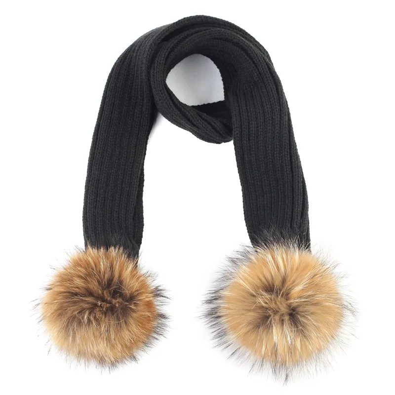 Black A Geebro Kids Knitted Scarf With Double Raccoon Fur Pompom Boys and Girls Cashmere Plain Shawl Wrap Winter Warm Accessories DQ867 - Цвет: Black A
