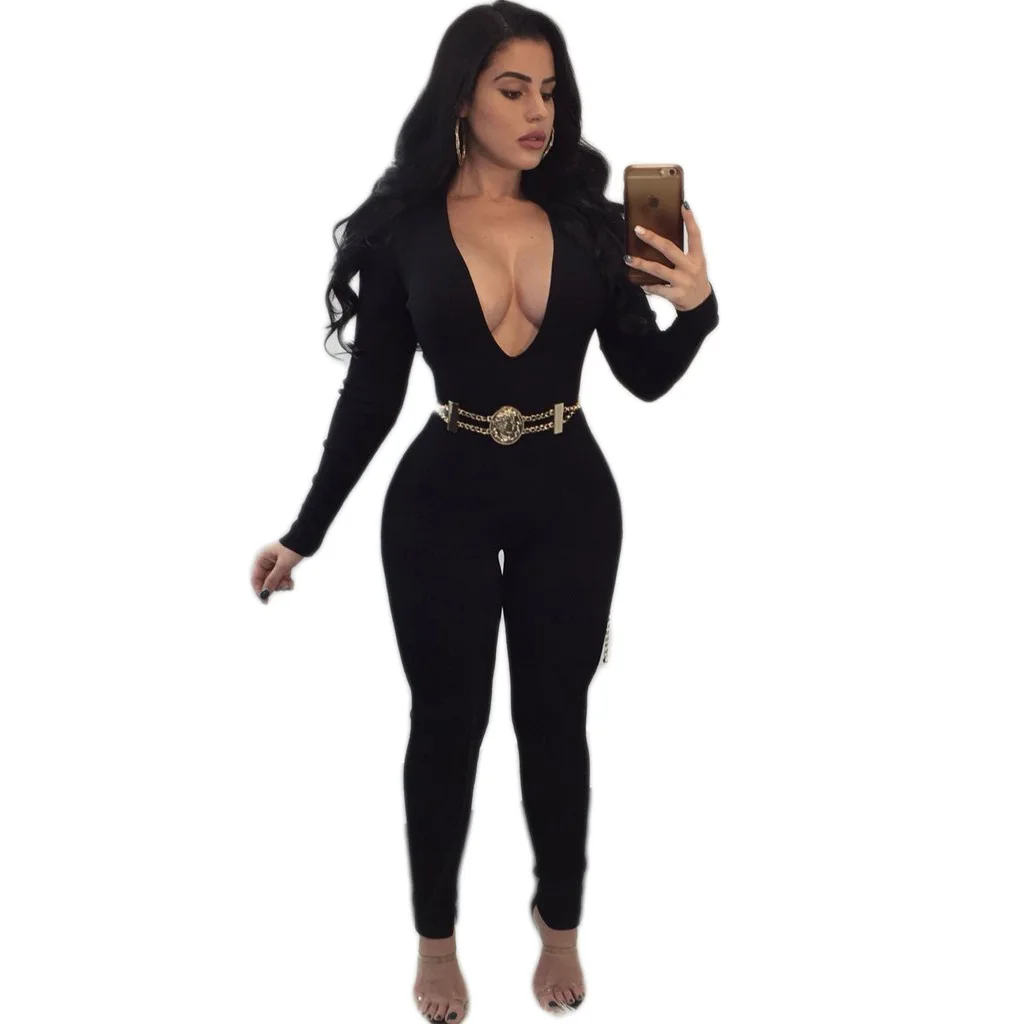 Fashionable Solid Long Sleeve Round Collar Bodysuit Sexy Wrapped Chest Elegant Jumpsuits for Women Free Shipping |
